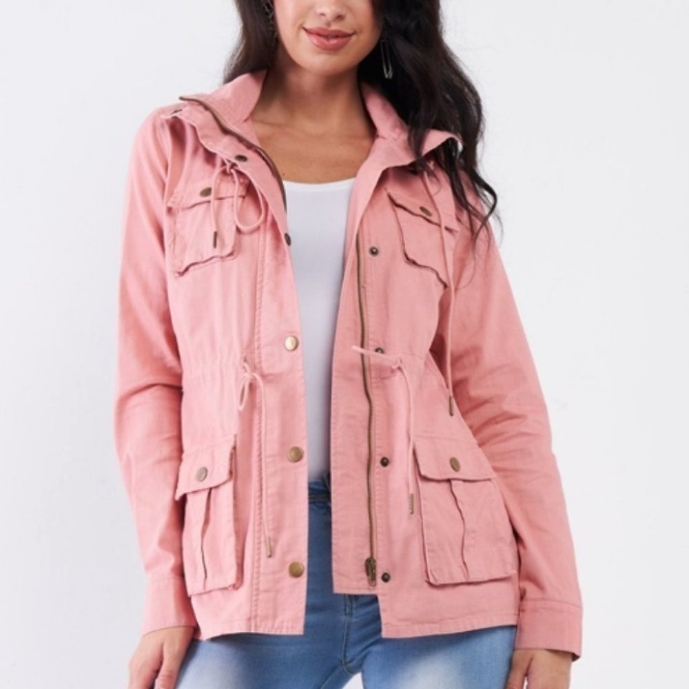 Washed Blush Pink Cotton Front Zip-Up Button Down Detachable Hood Utility Jacket - Picture 1 of 5